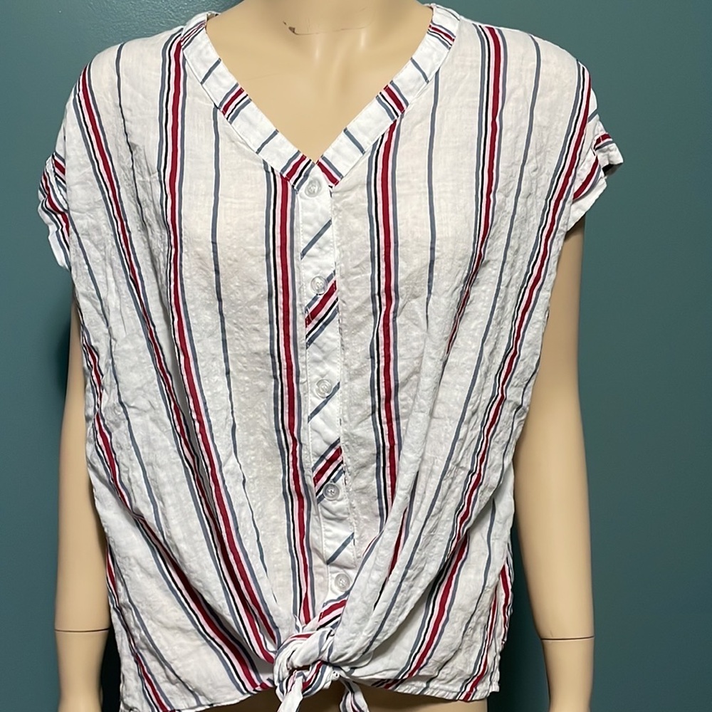Kori America Top Cap Sleeve Button Up Tie Front Loose Fit HiLo Hem Cotton